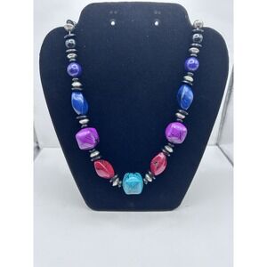 Vintage 1980s Paint‎ Splatter Beaded Necklace Black Retro Chunky Blue Red Teal